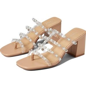 Madden Girl Mandie Slip-On Pearl Square Toe Chunky Heel Sandals Size 8 Tan
